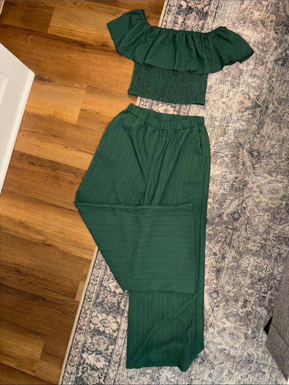 Off-Shoulder Ruffle Smocked Crop Top & Wide Leg Pants Set - Emerald Green
